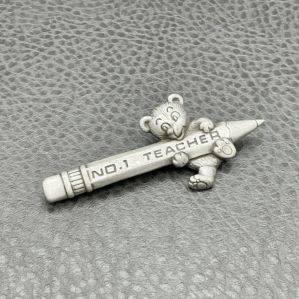 Vintage JJ Brooch Teacher Pin Silver Tone No.1 Teacher Bear Pencil 2.5 Inch